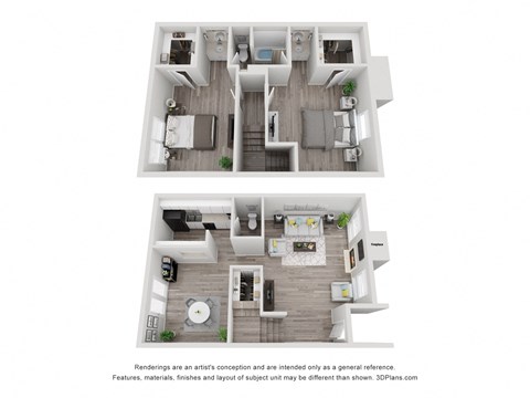 a stylized floor plan with a bedroom and a living room